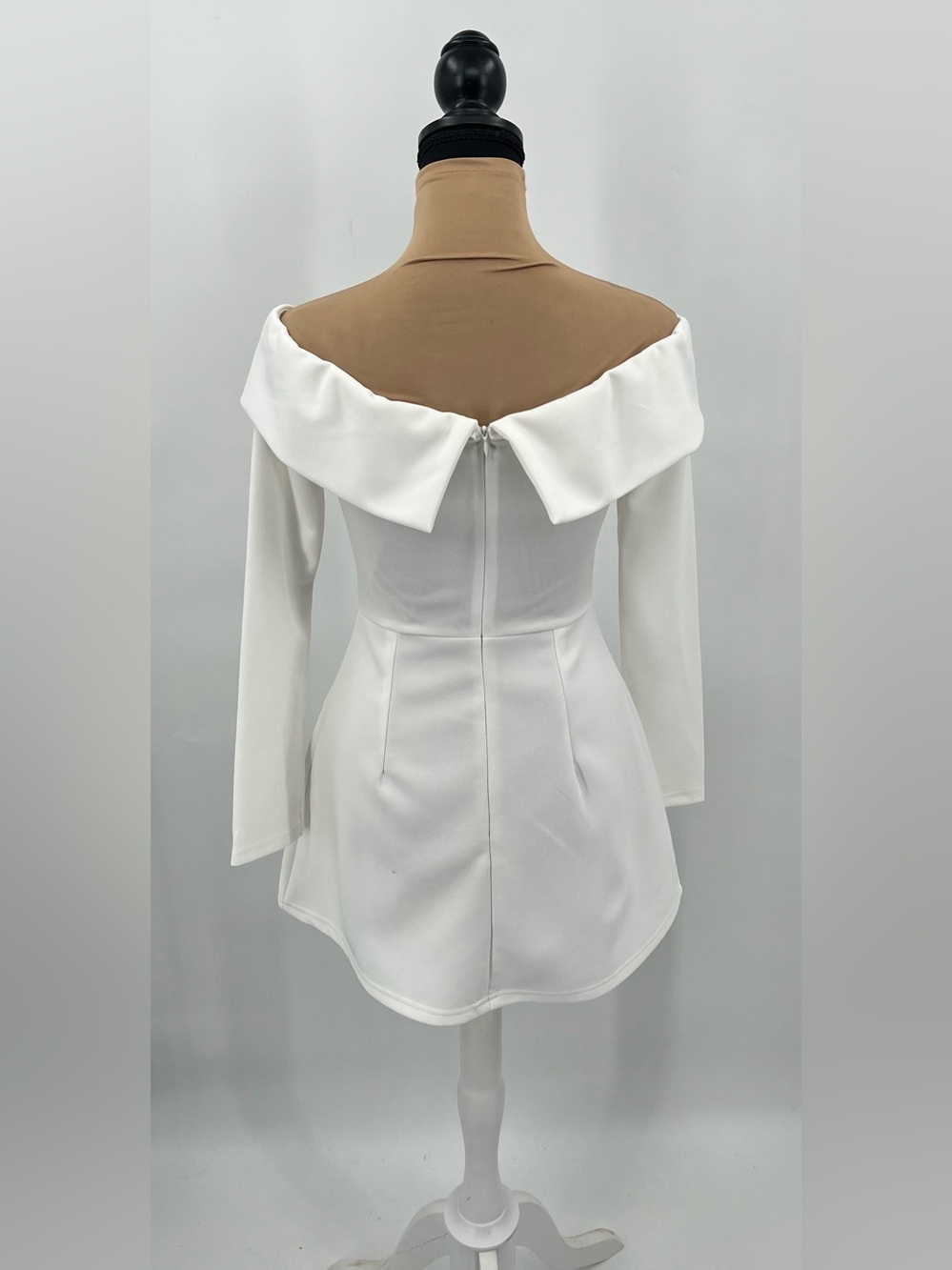 White Off Shoulder tailored Long Sleeve Mini Dress bridal coquette grad Dress S - Picture 5 of 13